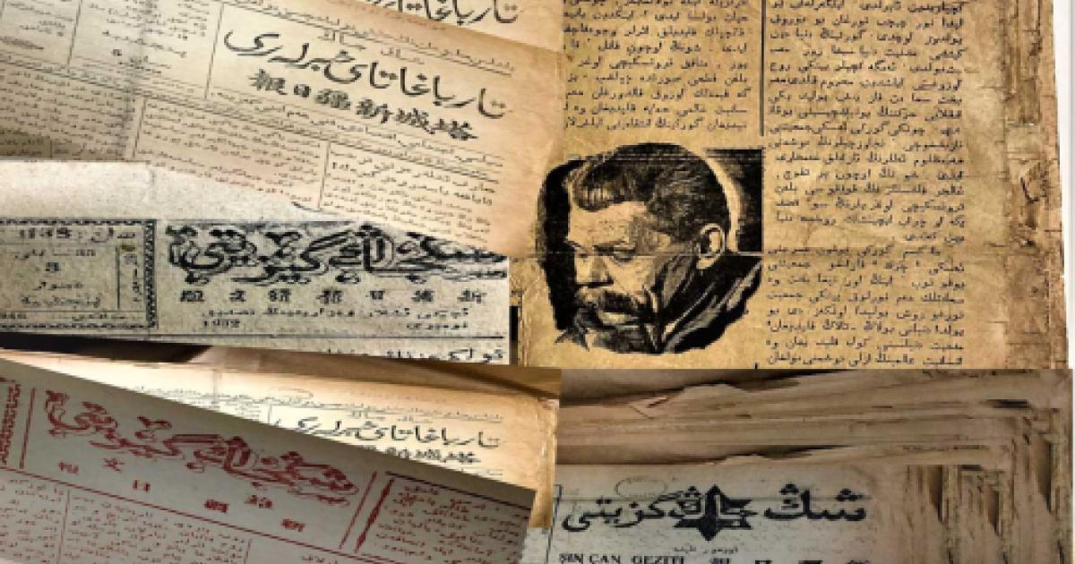 collage of newspaper mastheads Uyghur- and Kazakh-Language