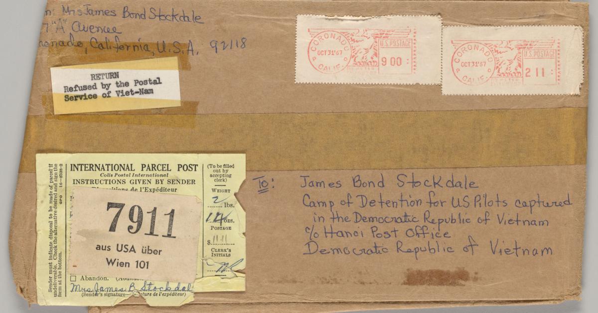 Stamped brown envelope from Sybil Stockdale to James B. Stockdale