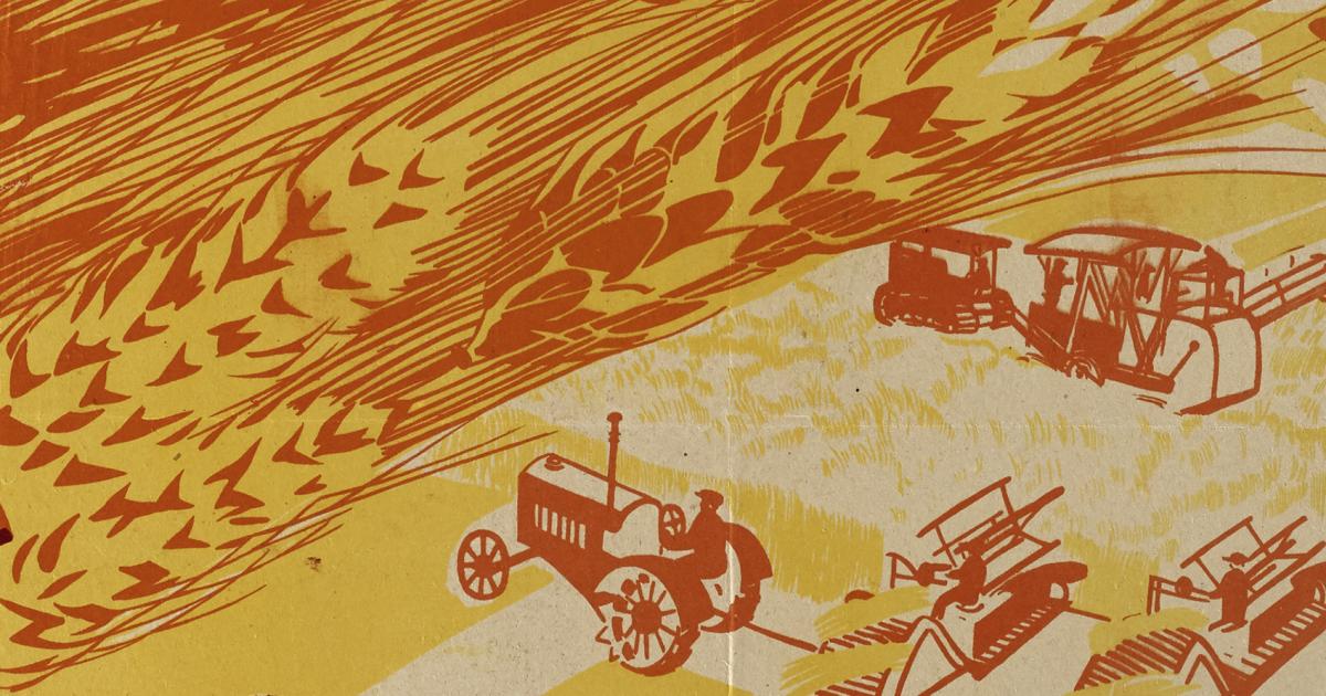 close up of poster showing tractors and grain harvest