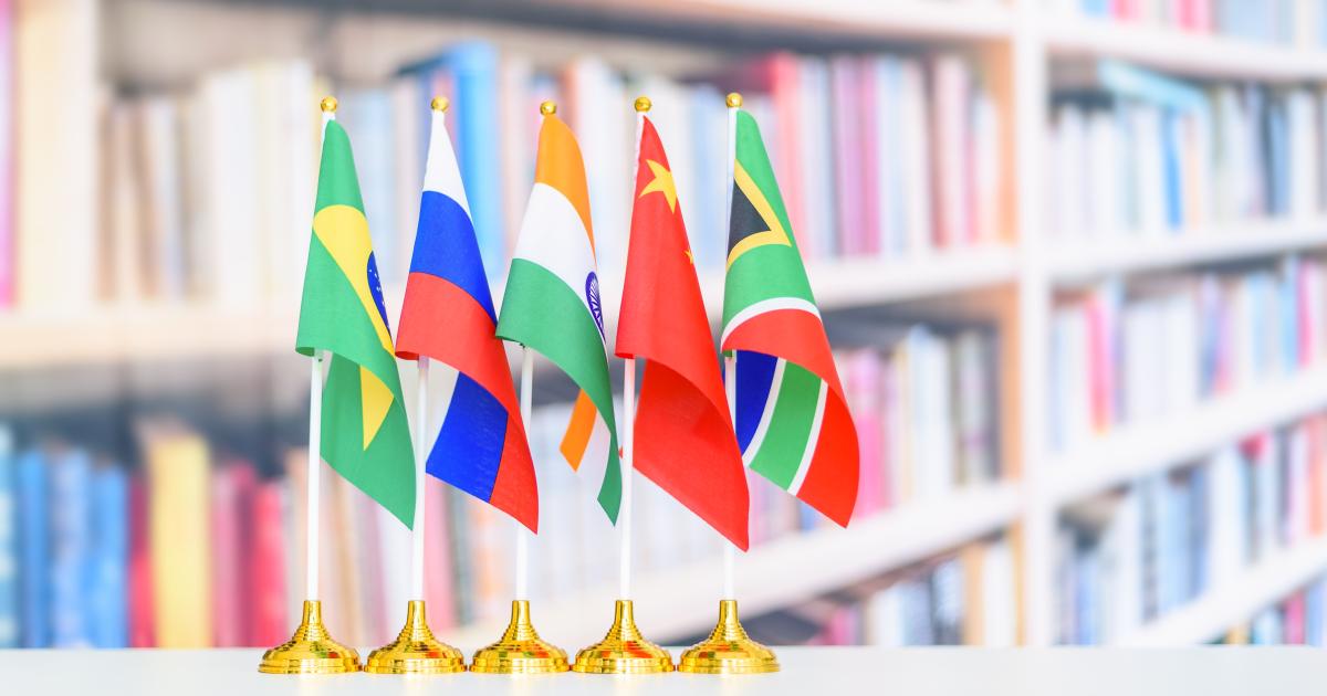 Flags of BRICS or group of five major emerging national economy i.e Brazil, Russia, India, China, South Africa. BRICS members are all leading developing countries.