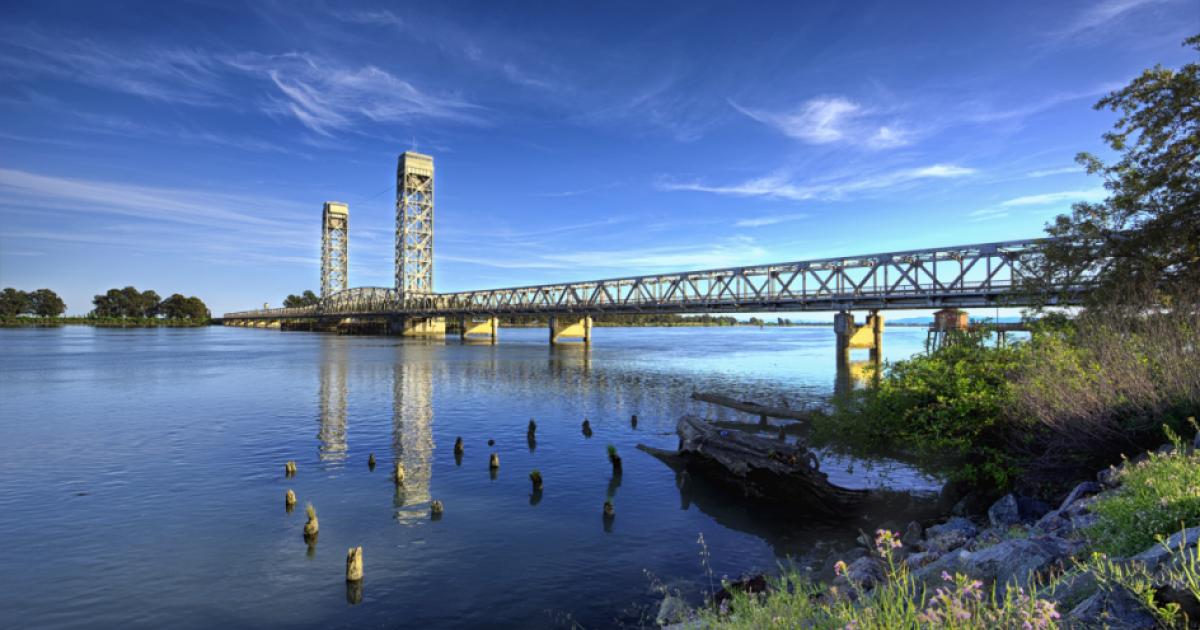 A lift bridge in the delta on a sunny day. Rio Vista, California. USA