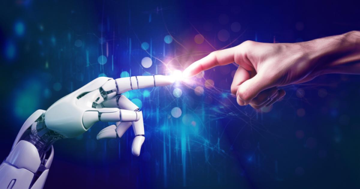 AI, Artificial intelligence, robot and human hands are touching and connecting, unity with human and ai concept, machine learning and futuristic technology background