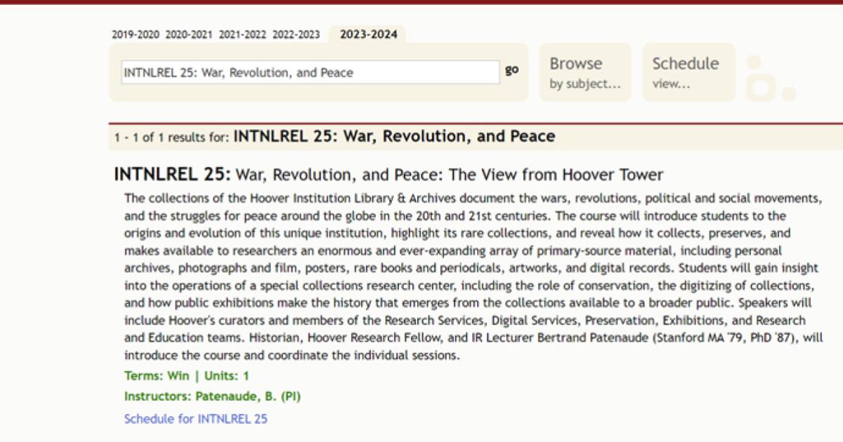 image of Stanford Course catalog featuring INTNLREL 25