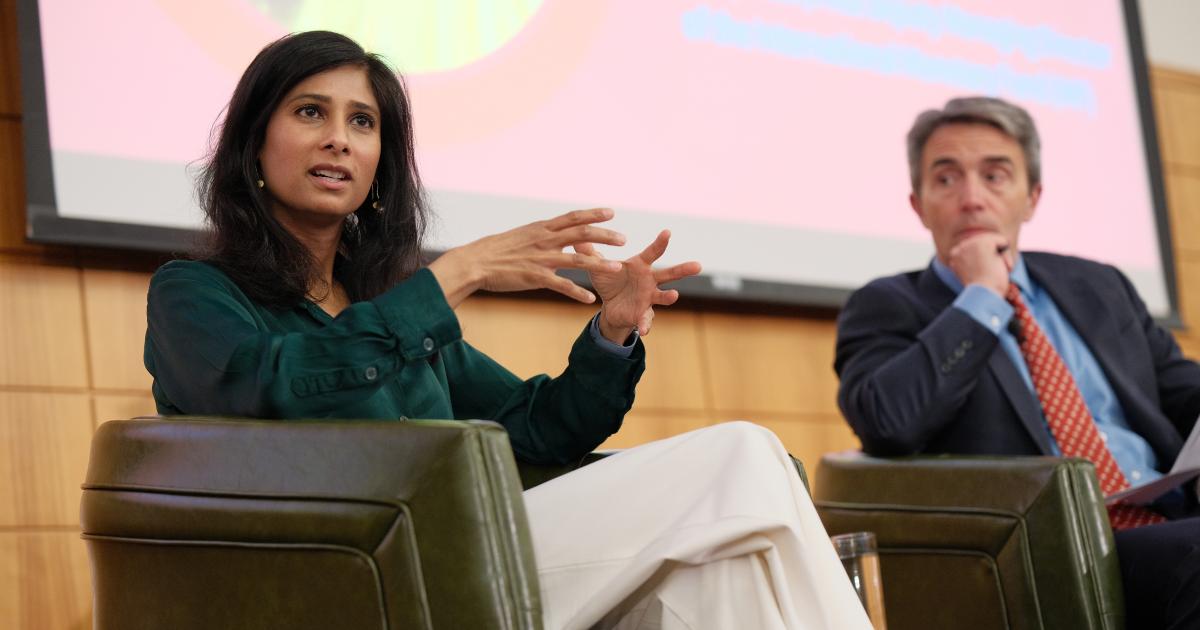 IMF First Managing Deputy Director Gita speaks about risks to global trade and the eroding dominance of the US dollar at Stanford University on May 7, 2024. (Ryan Zhang)