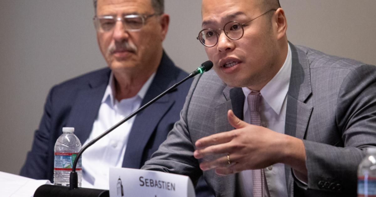 Sebastien Lai, son of imprisoned Hong Kong democracy activist and newspaper publisher Jimmy Lai, speaks at the Hoover Institution on May 14, 2024.
