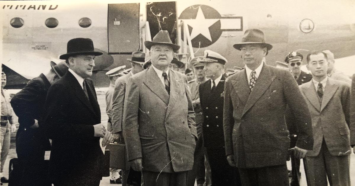 TV Soong greets Herbert Hoover at the Nanking airport, May 1946