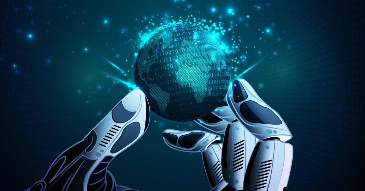 Robotic Hand Holding Virtual Globe stock illustration