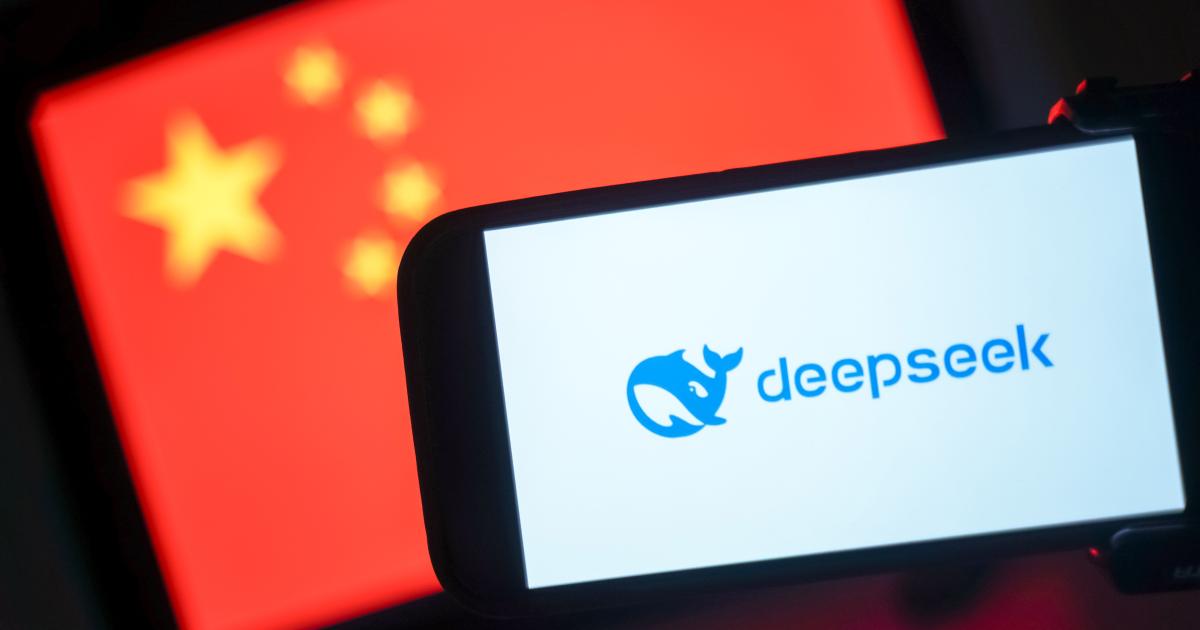 DeepSeek logo in front of a Chinese flag