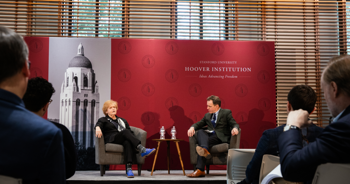 Deborah Lipstadt, who served as US special envoy for monitoring and combating anti-Semitism, speaks with Hoover Senior Fellow Niall Ferguson at the 2025 Hoover History Symposium on anti-Semitism on February 11, 2025. (Patrick Beaudouin)