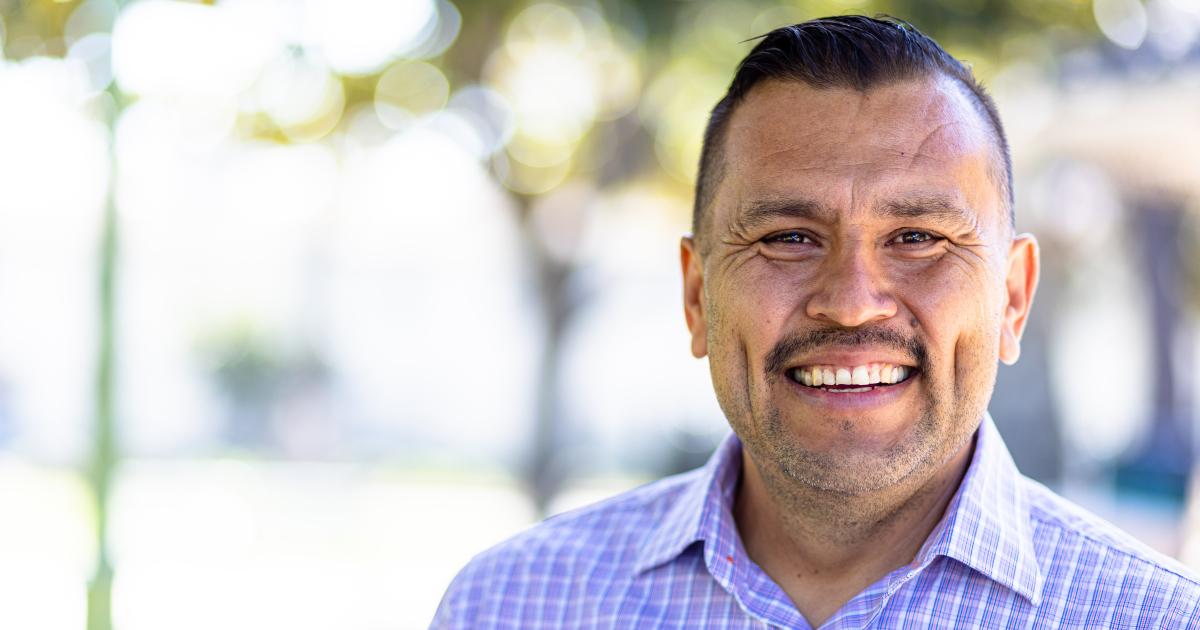 Mexican Man with I voted Sticker stock photo