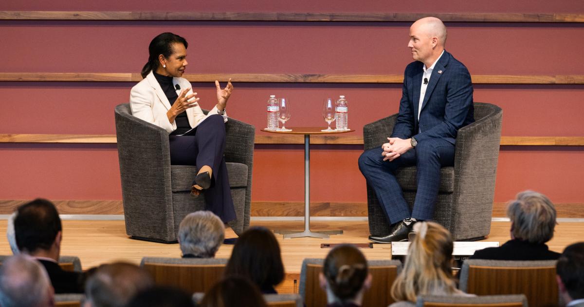 Hoover Institution Director Condoleezza Rice and Utah Governor Spencer Cox speak at the iCivics Civic Learning Week National Forum at the Hoover Institution on March 13, 2025. (Patrick Beaudouin)