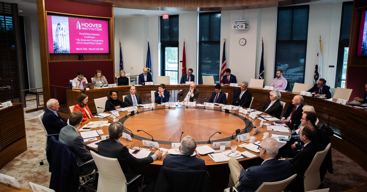 Attendees of the Fiscal Policy Initiative Conference are seen in Annenberg Conference Room at the Hoover Institution on March 10, 2025. (Patrick Beaudouin) 