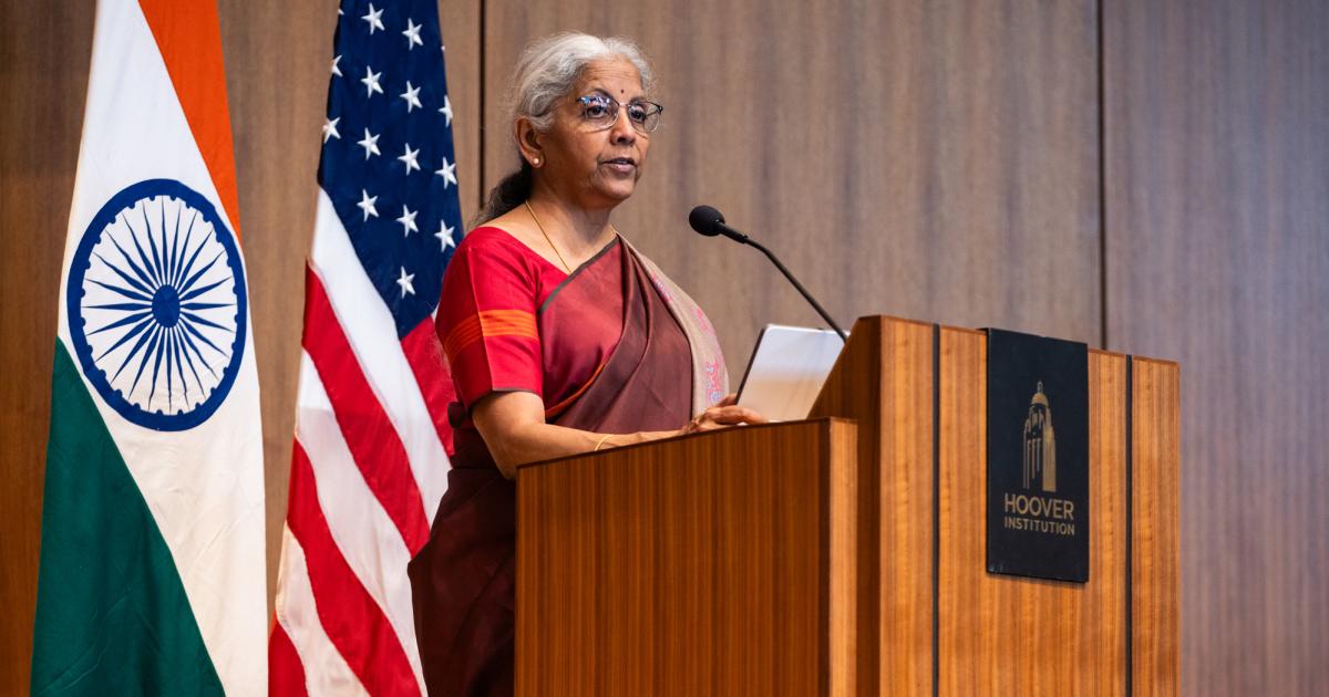 Indian Finance Minister Nirmala Sitharaman speaks about India’s modernization efforts in Hauck Auditorium on April 21, 2025. (Patrick Beaudouin)