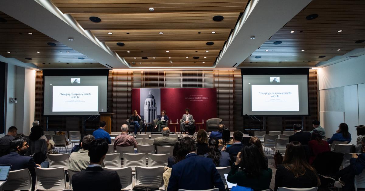 Attendees of the Social Media and Democratic Practice conference are seen in Shultz Auditorium on March 17, 2025. (Patrick Beaudouin)