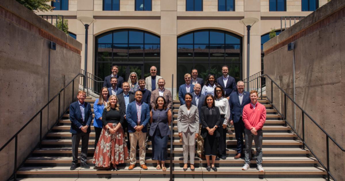 Senior officials from US governor’s offices stand with Hoover Institution Director Condoleezza Rice on May 19, 2025. (Patrick Beaudouin)