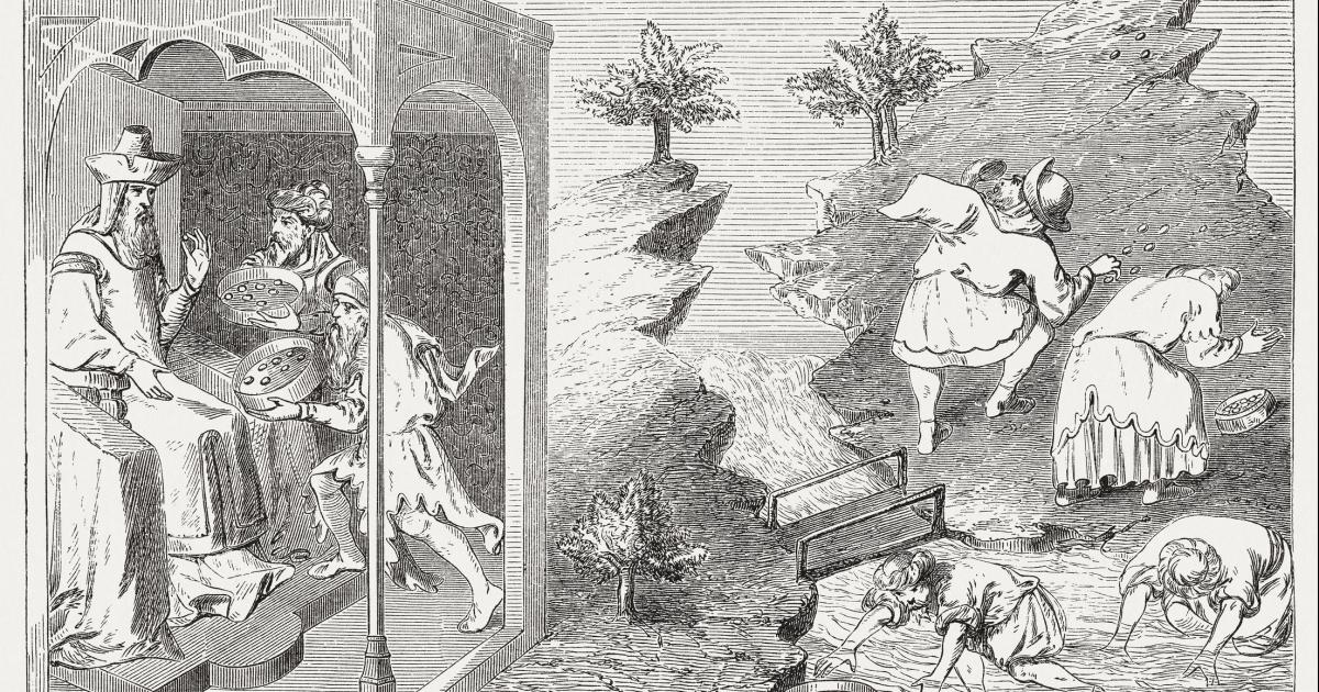 Kublai Khan (1216-1294) and pearl fishers, wood engraving, published in 1888 stock illustration