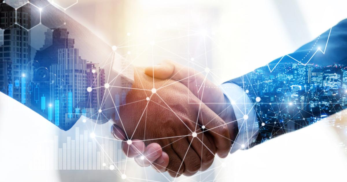 Business Partnership. business man investor handshake with effect global network link connection and graph chart of stock market graphic diagram, digital technology, internet and partnership concept stock photo