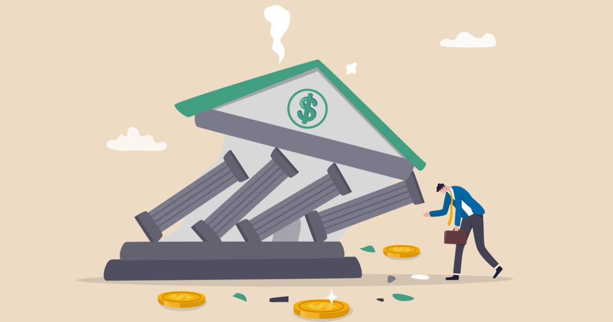 Banking collapse or bank run, financial crisis or bankruptcy problem, stock market crash or credit risk, failure or investment failure concept, frustrated businessman look at collapsing bank building. stock illustration