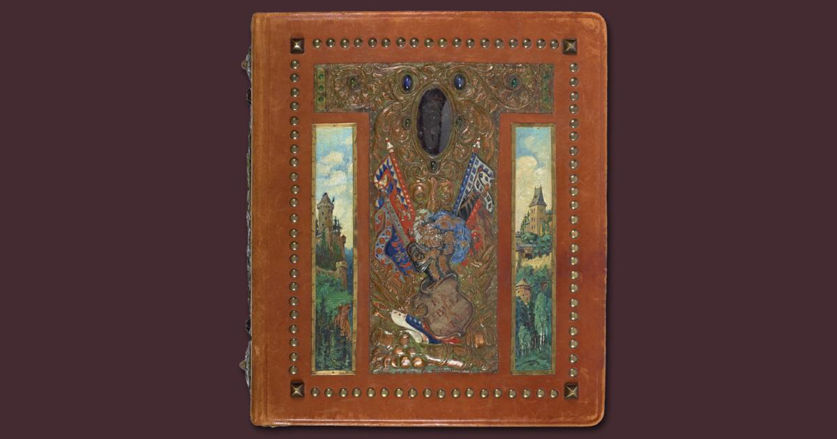 Purple background with title in cream above a leather bound photo album covered in paintings, metalwork, and jewels. Gajda Album