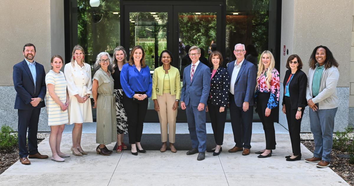 State education chiefs pose for a photo with Hoover Institution Director Condoleezza Rice on May 15, 2025. (Rod Searcey)
