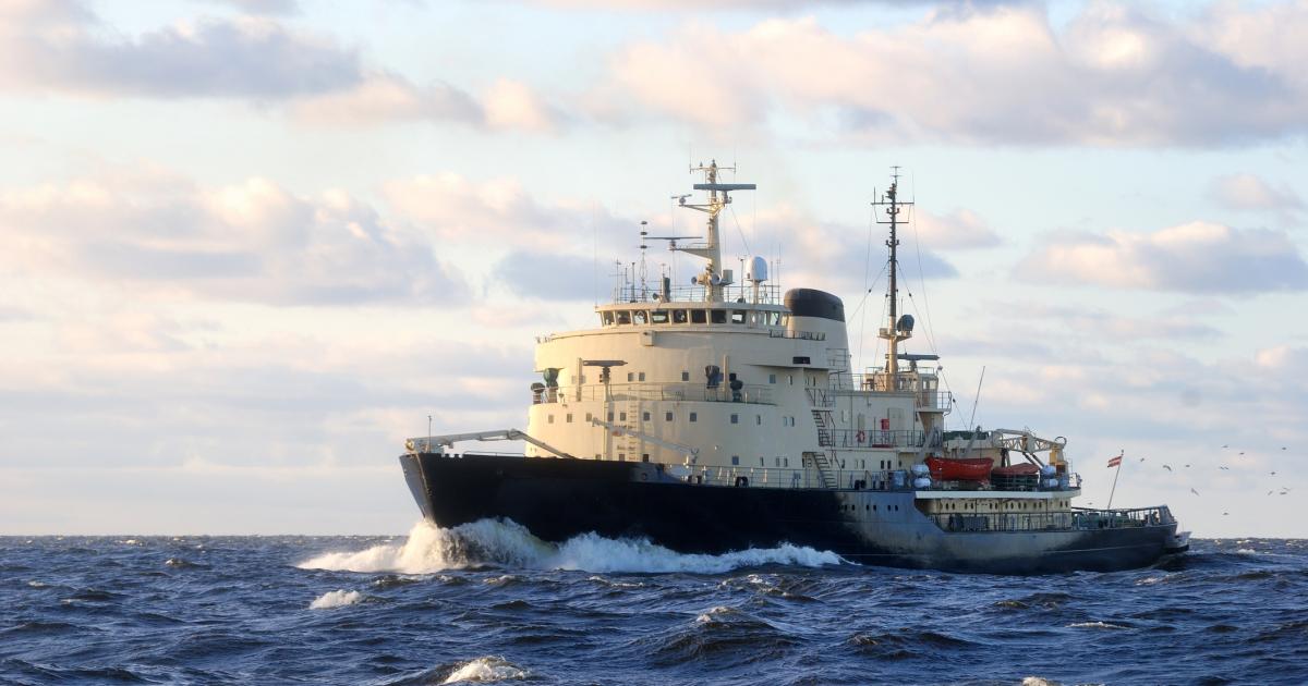 Soviet ice-breaker in open sea - stock photo