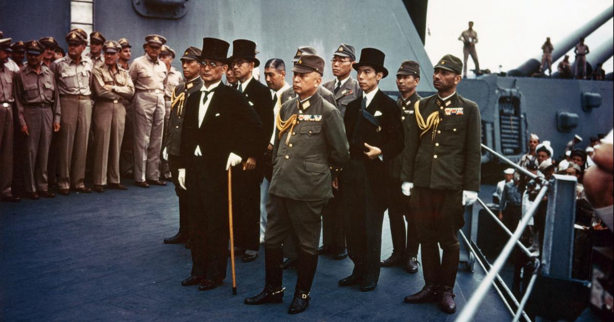 The surrender of Japan ceremony takes place aboard the battleship USS Missouri in Tokyo Bay, Japan, Sept. 2, 1945. Credit: Army VIRIN: 450902-O-ZZ999-001C