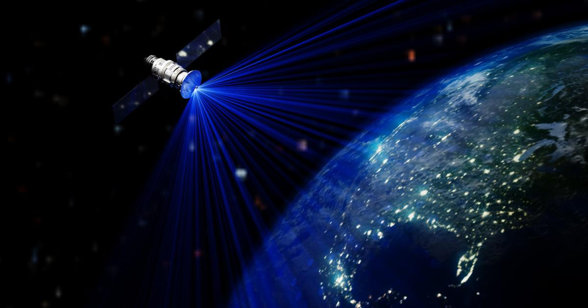 Satellite In Space Station Orbiting Earth stock photo