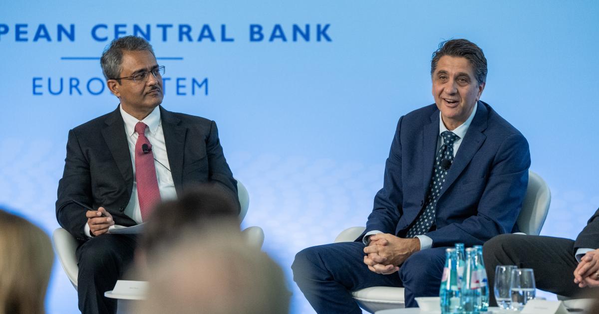 Senior Fellow Amit Seru (left), co-director of Hoover's Financial Regulation Working Group, chairs a panel on non-bank financial intermediaries, including Nicola Cetorelli (right), head of financial intermediation at the Federal Reserve Bank of New York. Photo credit: Andrej Hanzekovic/ECB
