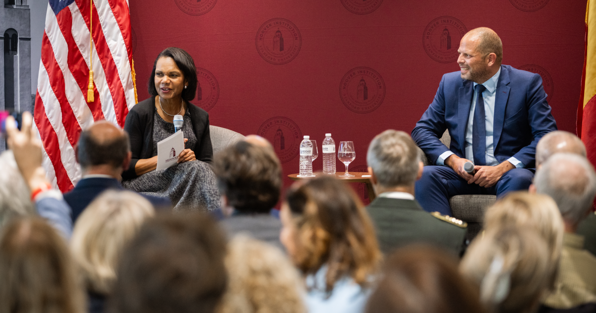 Hoover Institution Director Condoleezza Rice and Belgian Minister of Defence Theo Francken speak in Hoover’s Shultz Auditorium on October 7, 2025. (Patrick Beaudouin)