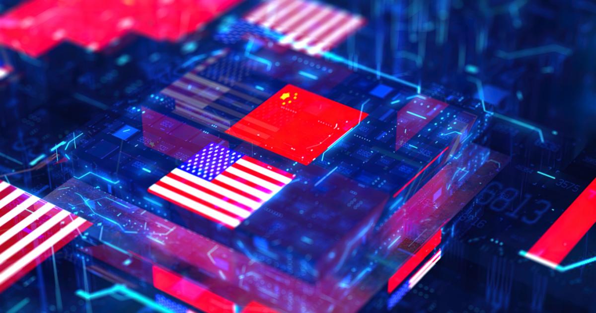 Processor Unit, Chip War. The Chip Crisis, The World's Big Problem. China and usa Flag. stock photo