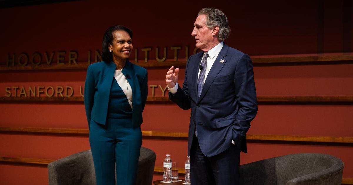 Hoover Institution Director Condoleezza Rice and Secretary of Interior Doug Burgum are seen in Hauck Auditorium on October 10, 2025. (Patrick Beaudouin)