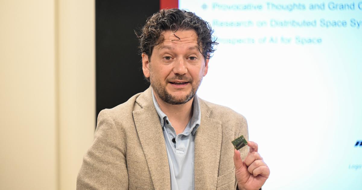 Simone D’Amico speaks to members of Congress and their staff members at an event at Stanford University on May 30, 2024. (Rod Searcey)