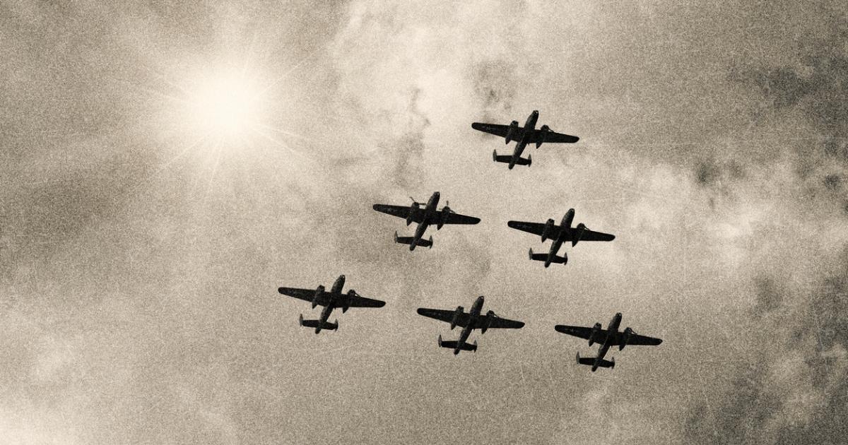 WW2 Mitchell B-25 Medium Bombers flying in V-Formation stock photo