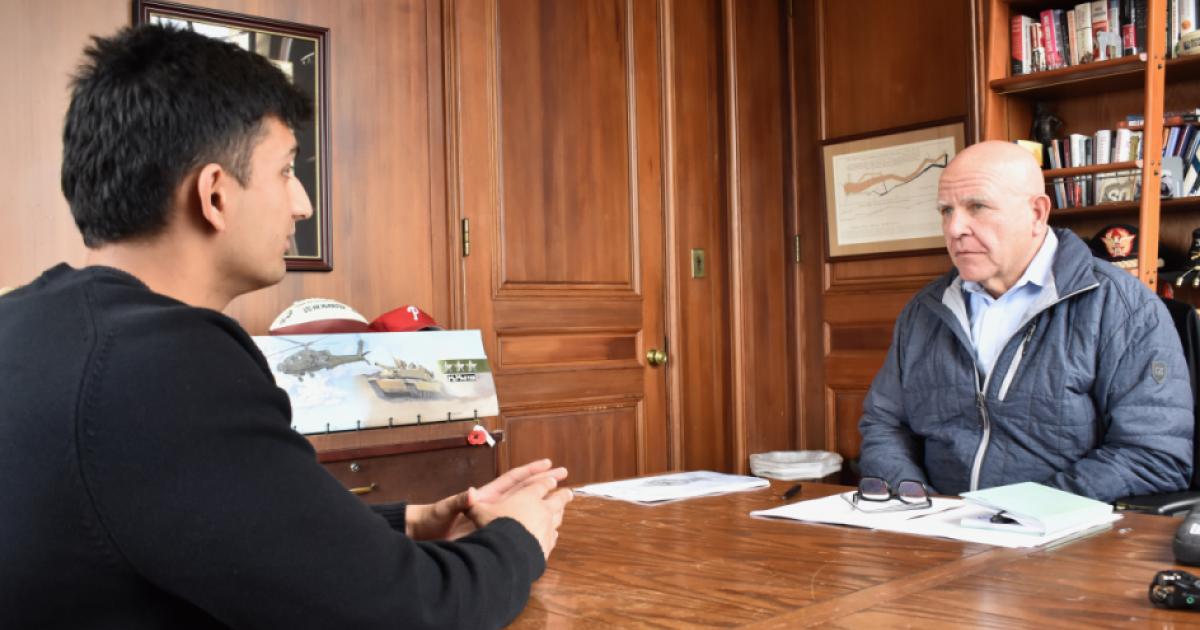 Ahvish Roy (left) and H.R. McMaster discuss Roy’s work at Hoover inside McMaster’s office in Hoover Tower on January 21, 2026. (Chris Herhalt)