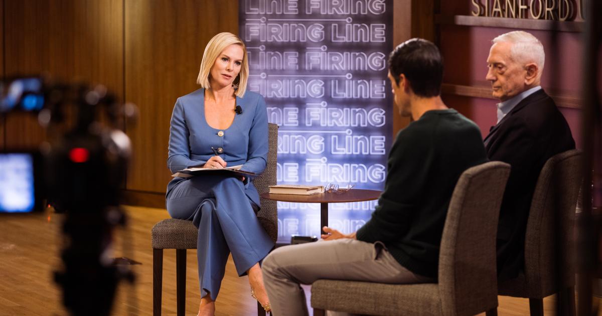 The Firing Line host Margaret Hoover speaks with Distinguished Fellow Jim Mattis and author Ryan Holiday in Hauck Auditorium on March 18, 2026. (Patrick Beaudouin)