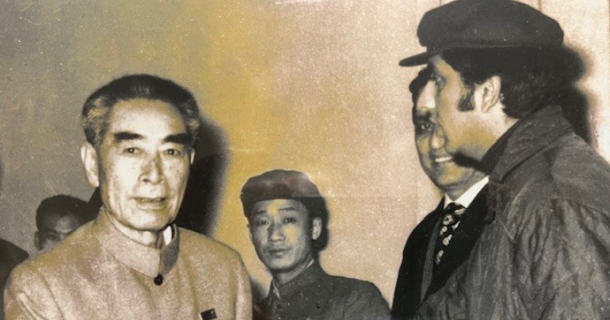 meeting Chou En Lai in Beijing January 1972, as producer of Pakistan TV coverage of President Zulfikar Ali Bhutto’s visit to China. 