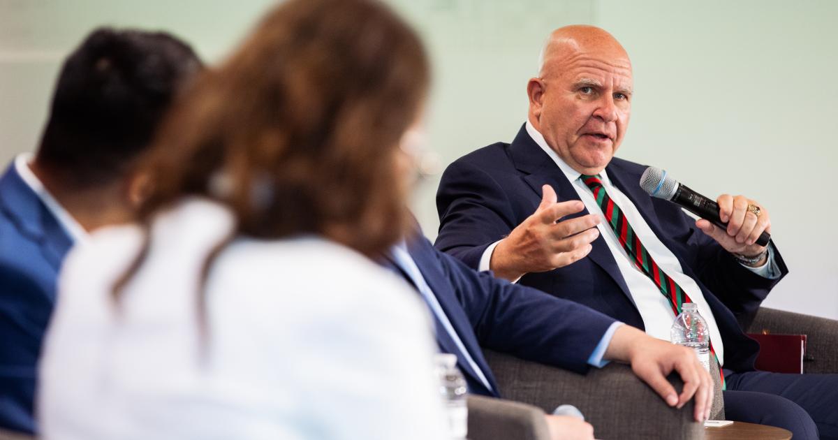Senior Fellow H.R. McMaster speaks about the war in Afghanistan during a panel discussion on the war in Afghanistan held in Hoover’s Shultz Auditorium on April 9, 2026. (Patrick Beaudouin)