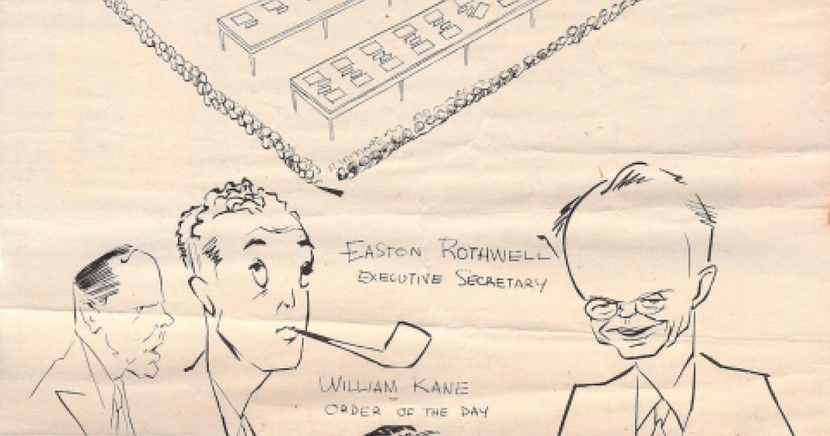 Satirical drawing of the members of the secretariat of the conference; C. Easton Rothwell on the right (Andrew Roy De Metriff Papers, Hoover Institution Archives)