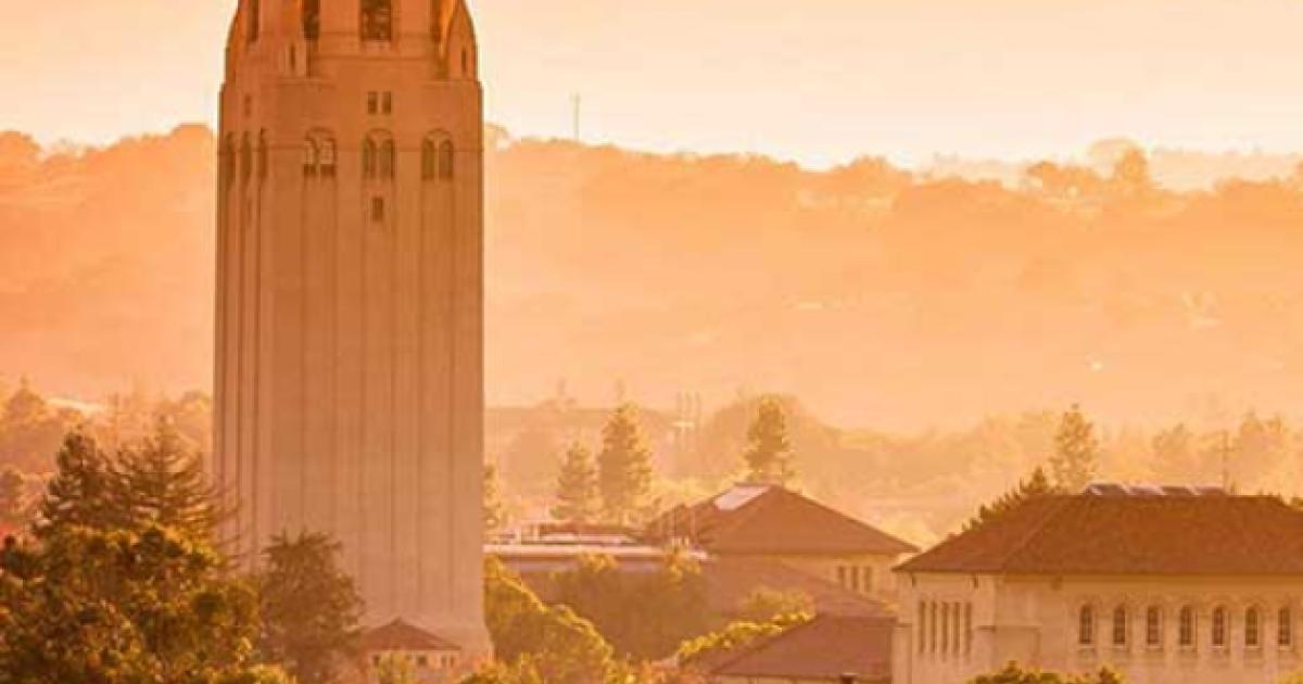 Stanford campus with view of  Hoover Tower and surrounding buildings