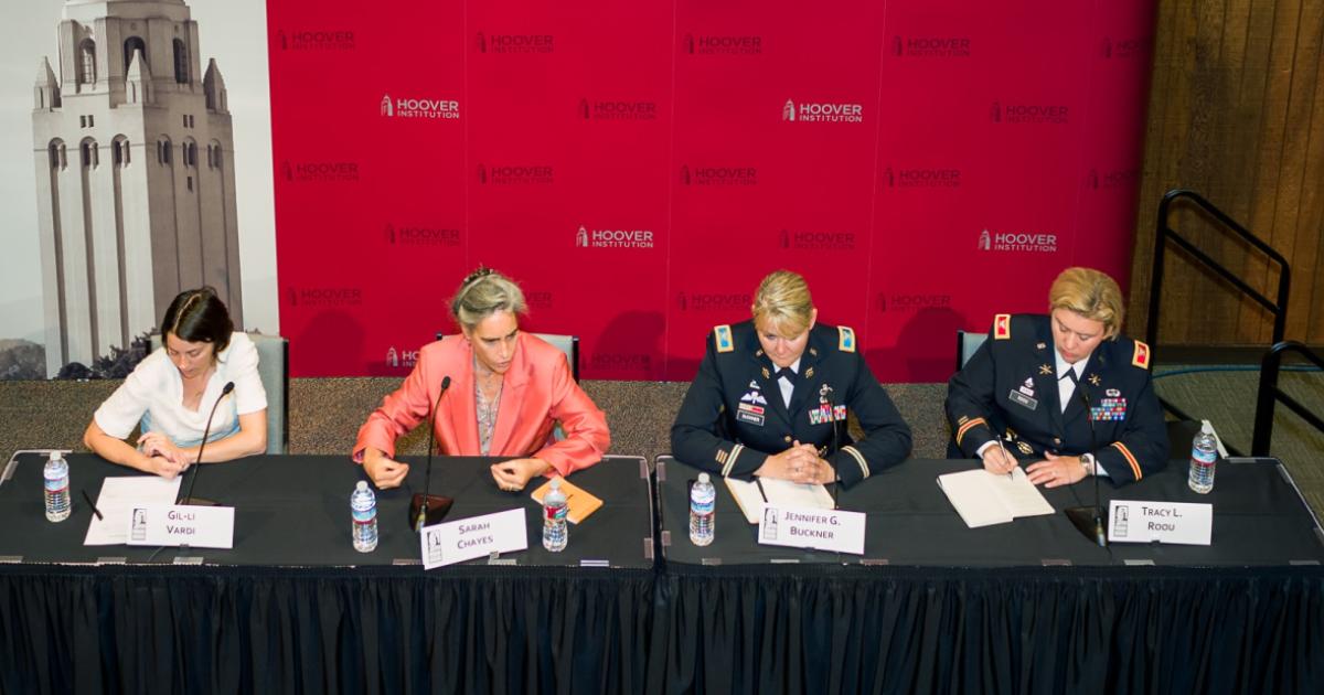 “A Hundred Years Later: Women and War Today” featured panelists Gil-li Vardi, Sarah Chayes, Colonel Jennifer G. Buckner, and Colonel Tracey Roou.