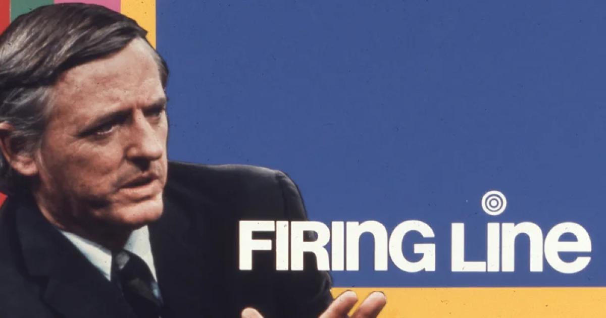 Color promotional image of William F. Buckley Jr. with white text which reads Firing Line