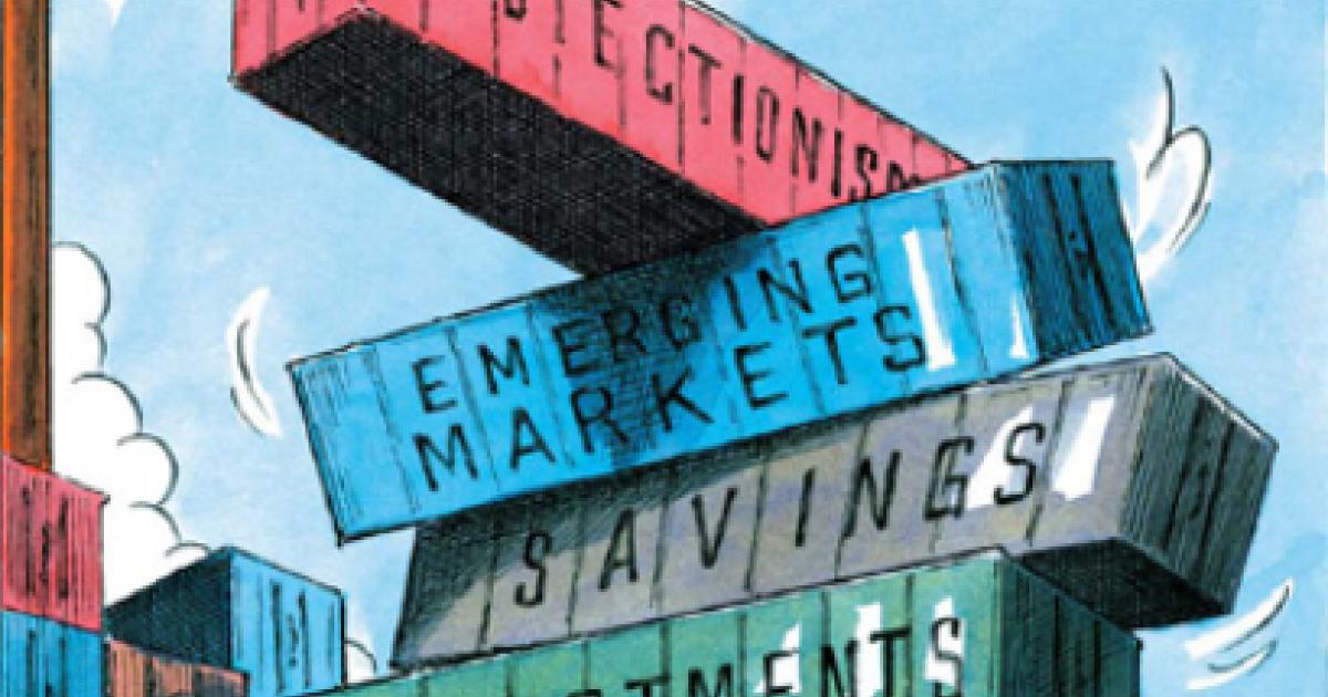 Ship and containers labeled with economic terms