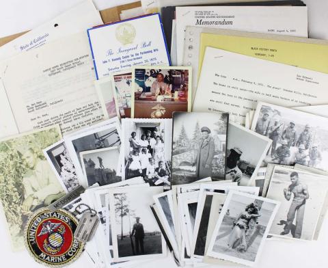 Collage of photos papers ephemera of Leo McDowell collection