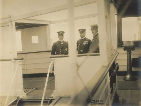 3 men standing on the deck of the Tanba Maru