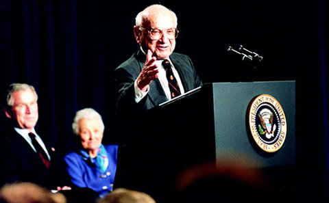 Milton Friedman, George W. Bush and Rose Friedman