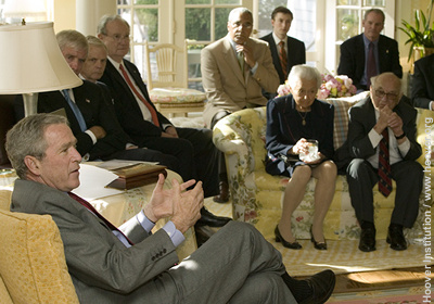 President George W. Bush meets with Hoover Institution fellows, overseers, and Stanford University officials on Friday, April 21.