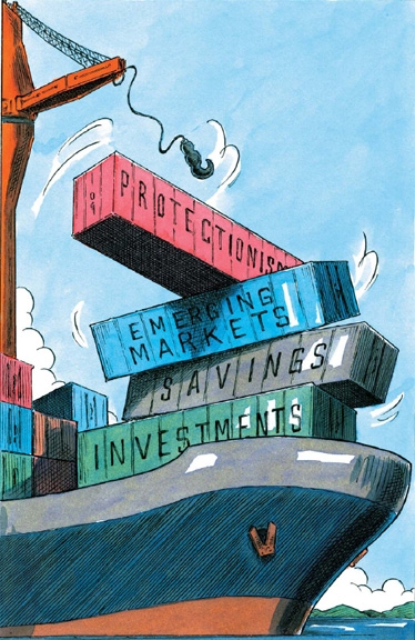 Ship and containers labeled with economic terms