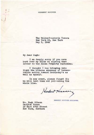 Hoover writes to Hugh Gibson in 1948