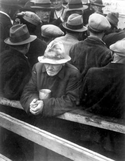 men line up for bread in San Francisco