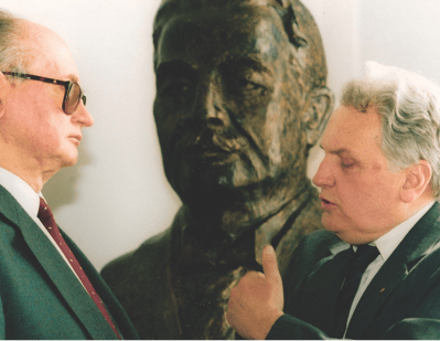 Wojciech Jaruzelski (left) with Jerzy Wiatr next to a bust of Polish socialist politician Ignacy Daszyński, in the Polish parliament, Warsaw, 1994.